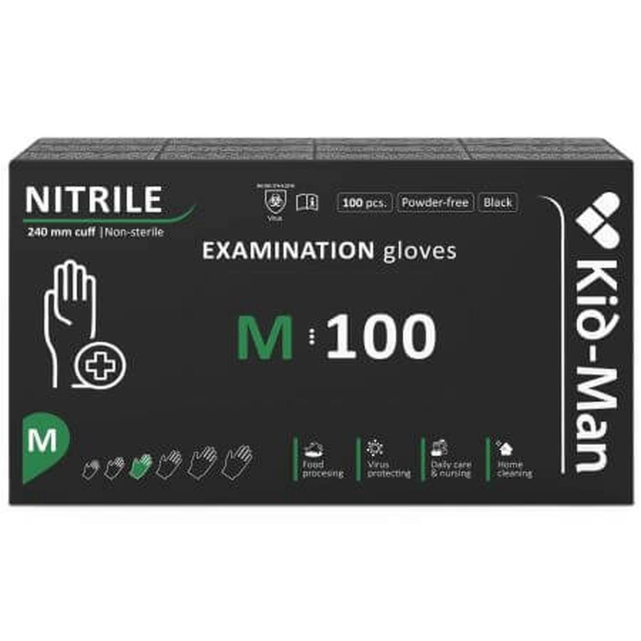 Disposable unpowdered nitrile gloves, black, size M, 100 pieces, Kid-Man