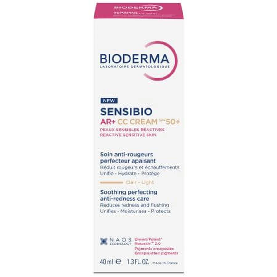 CC crème pour peaux sensibles avec facteur de protection SPF50+, teinte Light Tint Sensibio AR+, 40 ml, Bioderma