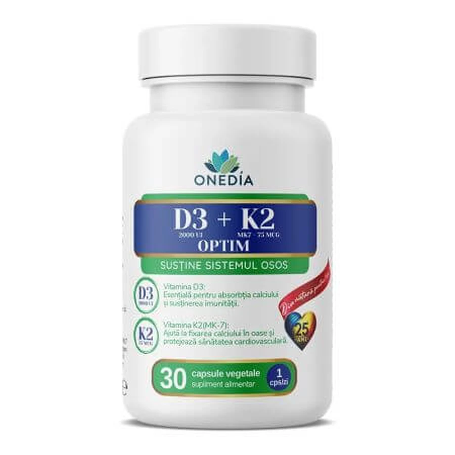 Vitamine D3+K2 Optim, 30 plantaardige capsules, Onedia