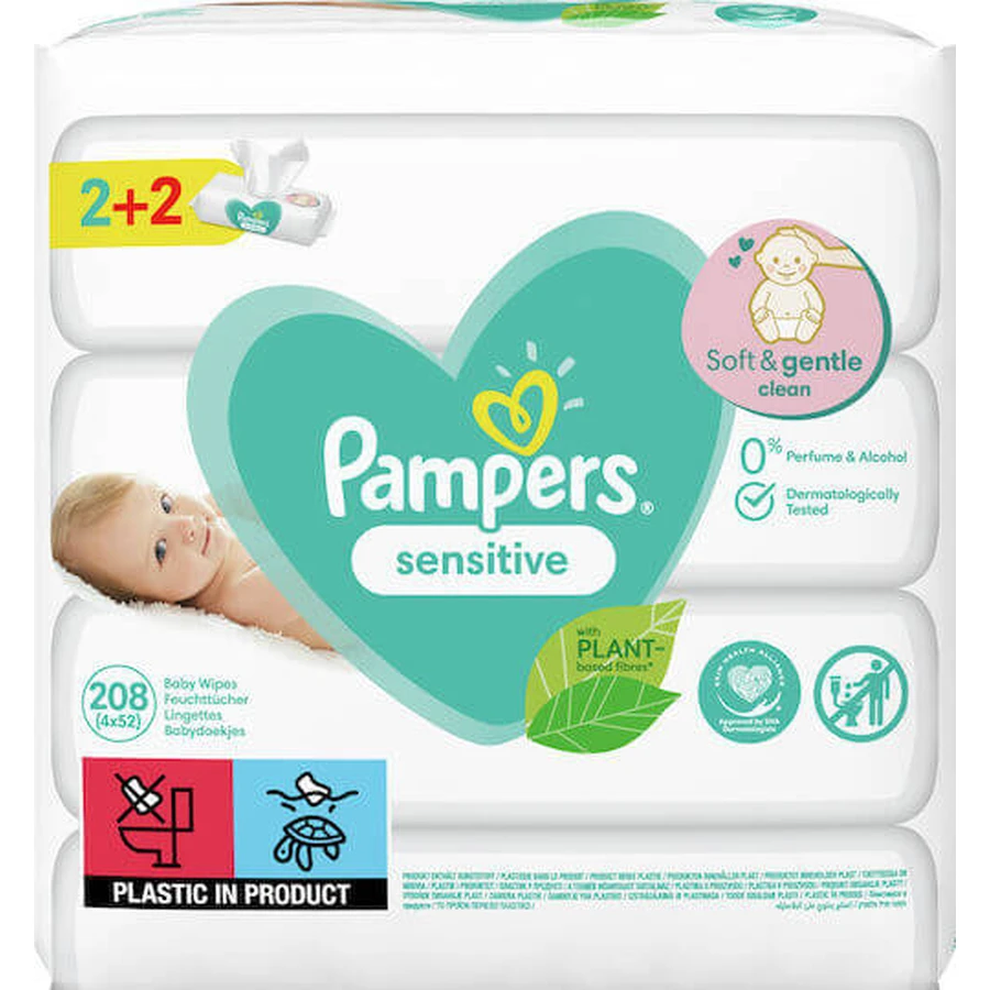 PAMPERS Doekjes Baby Sensitive Hypoallergene Babydoekjes zonder Parfum, Alcohol & Parabenen (4 Verpakkingen van 52 stuks) 208 Stuks