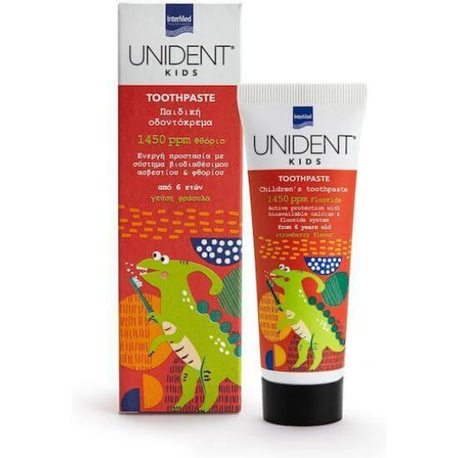 UNIDENT Kinderzahnpasta 1450ppm Zahnpasta mit Erdbeergeschmack, ab 6+ Jahren 50ml