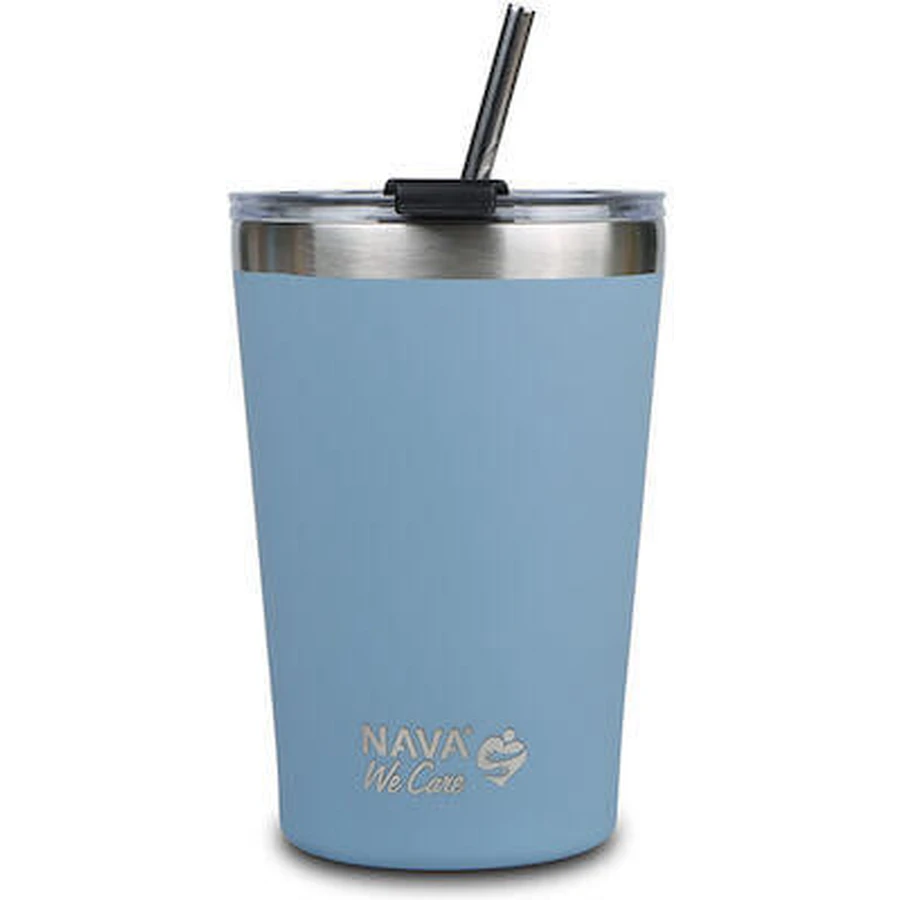 NAVA Thermos glass with stainless steel straw We Care in blue colour 450ml (10-262-111)