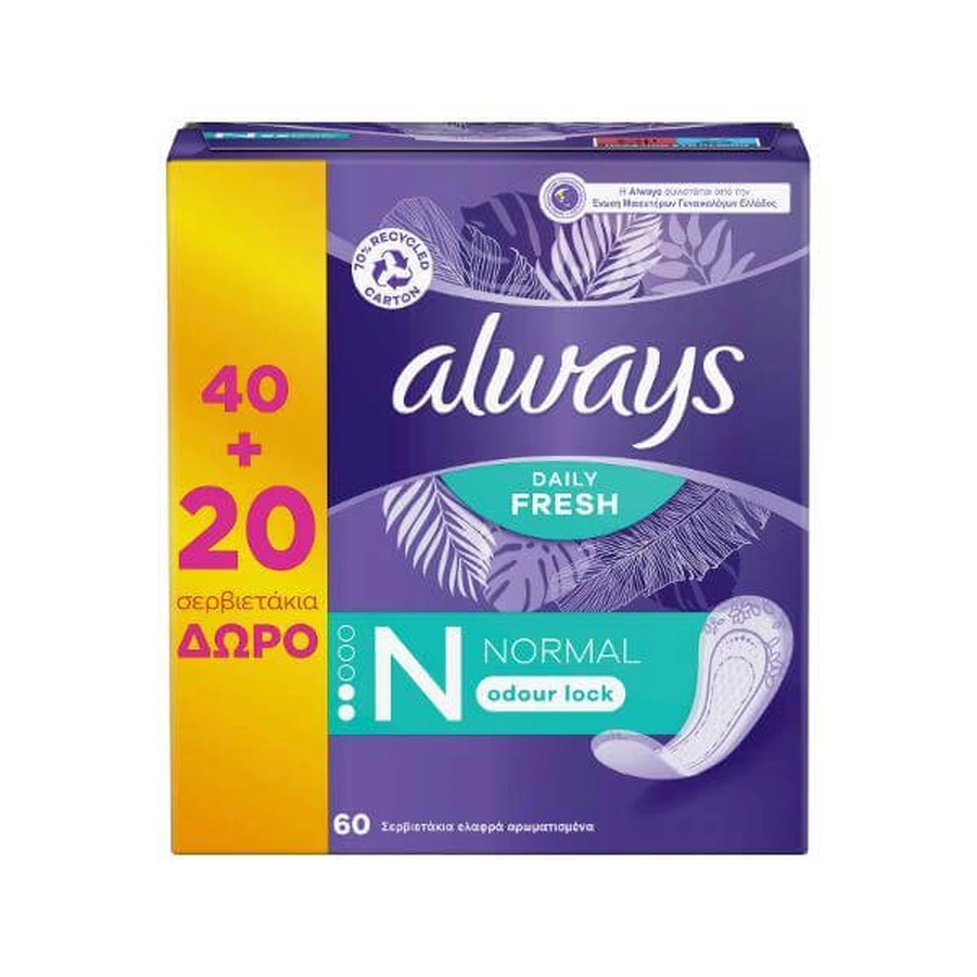 ALWAYS Promo Daily Fresh Normal Odour Lock Serviettes hygiéniques confortables pour la protection contre les odeurs 60 pièces