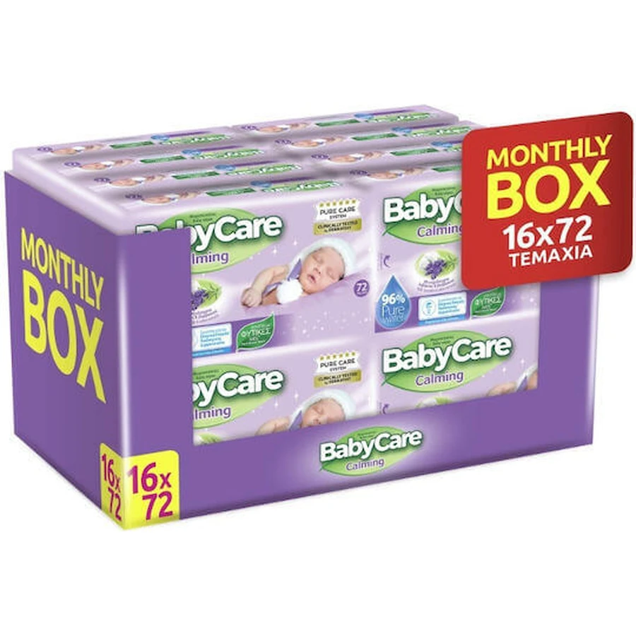 BABYCARE Toallitas Calmantes de Agua Pura Caja Mensual (16 Paquetes de 72 piezas) 1152 piezas