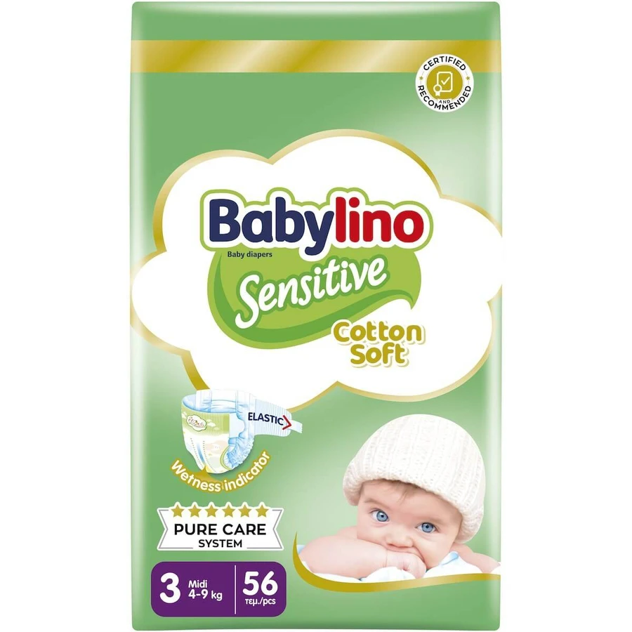 BABYLINO Pañales de Algodón Suaves Midi No.3 (4-9 kg) Absorbentes y Certificados 56 Piezas