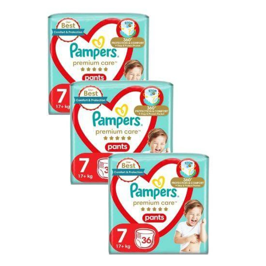 PAMPERS Premium Verzorgingsbroek Luierbroekjes Maat 7 17kg+ ( 3 Verpakkingen van 36 Stuks) 108 Stuks