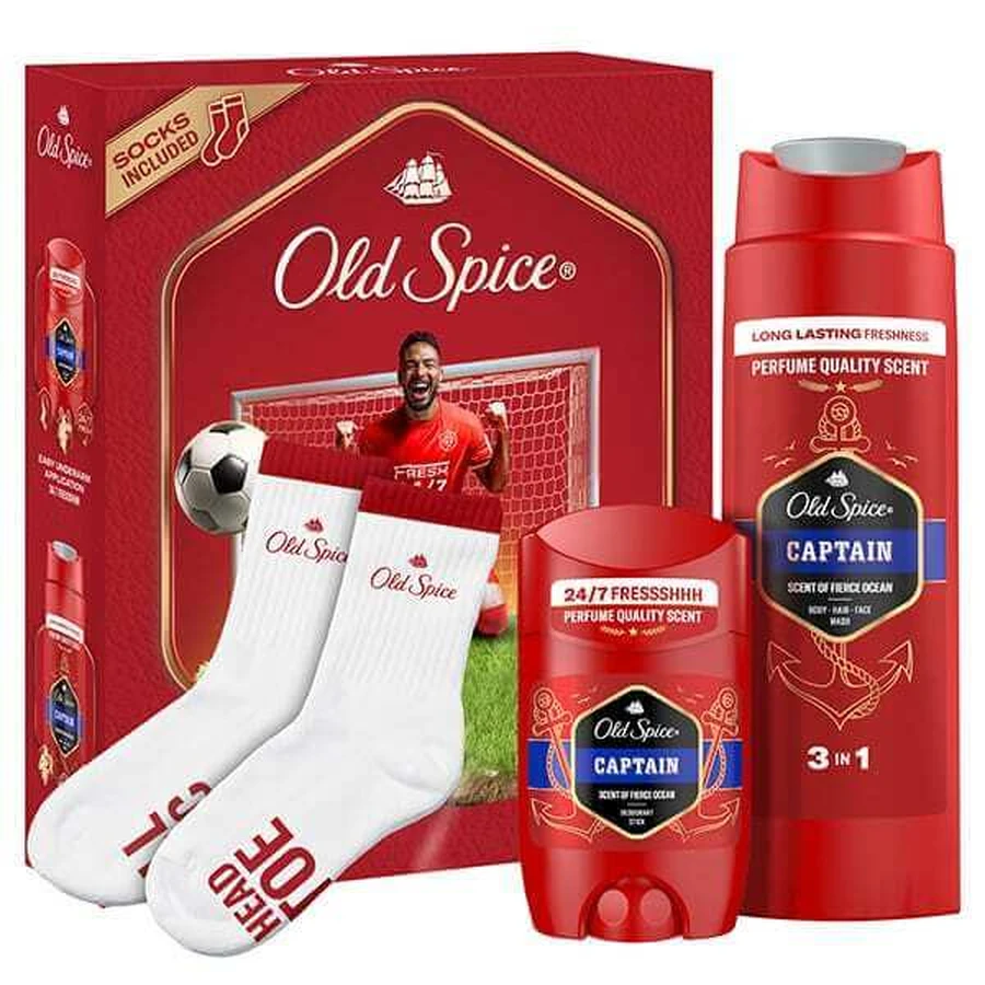 OLD SPICE Xmas Promo Voetballer Captain Deodorant Stick, 50ml & Douchegel & Shampoo, 250ml & Geschenksokken