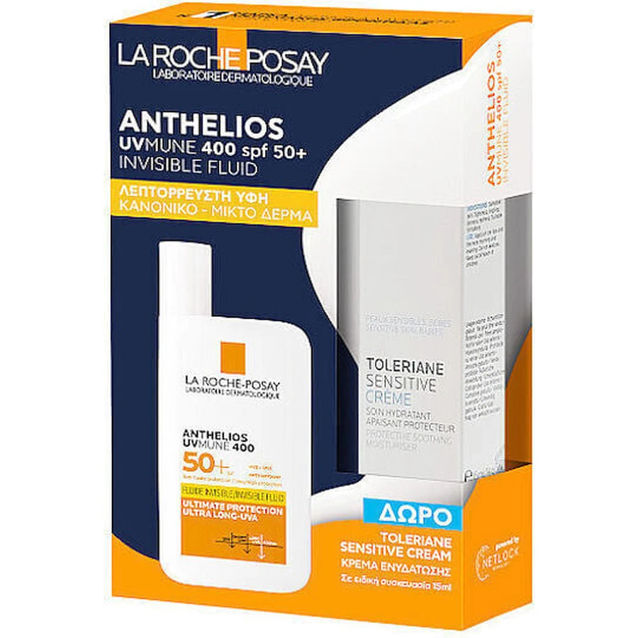 LA ROCHE POSAY Promo Pack Anthelios Uvmune 400 lnvisible Fluid SPF50+ Ultra High Protection Sunscreen SPF50+ 50ml & Toleriane Sensitive Face Cream for Sensitive Skin 15ml