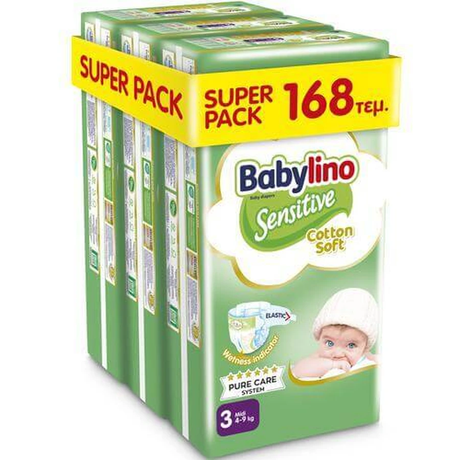 BABYLINO Sensitive Pañales de Algodón Suaves para Niños No3 4-9kg (56x3) 168 Piezas Super Pack