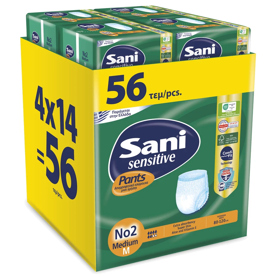 SANI Sensitive Pants Super Elástico, Absorbente Ropa Interior Desechable para Incontinencia No2 Mediana 56 Piezas