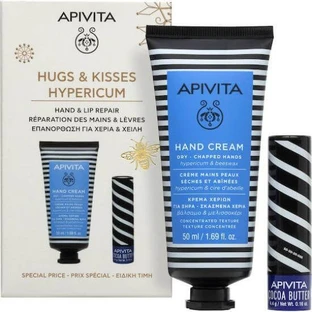 APIVITA Promo Umarmungen & Küsse Hypericum Feuchtigkeitsspendende Handcreme mit Bienenwachs 50ml & Lippenpflege Kakaobutter SPF20 4.4gr