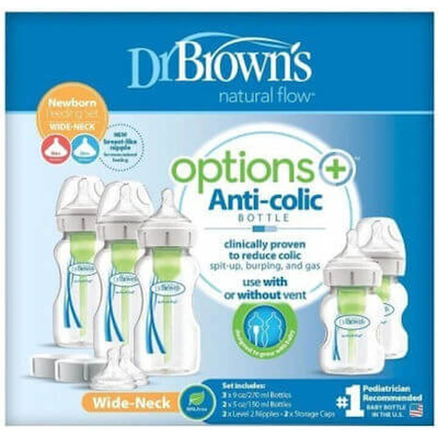 DR BROWN'S Set de 5 biberons en plastique contre les coliques avec tétine en silicone pour 0+ mois 2x150ml & 3x270ml WB 09600