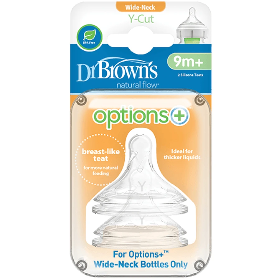 DR. BROWN'S Natural Flow Silicone Bottle Nipple Options+ With Wide Neck Level Y-Cut 9+ Months 2 Pieces WN Y201
