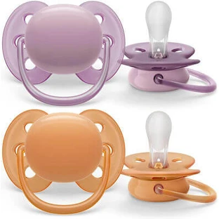 Suzeta ortodontică AVENT Ultra Soft din silicon pentru 6-18 luni 2 bucăți Violet-Orange [SCF091/33]