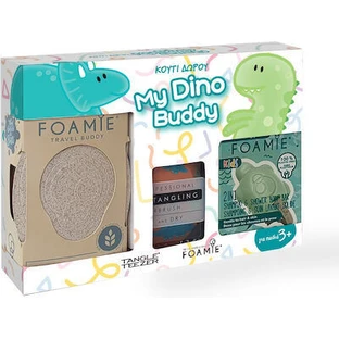 FOAMIE Kids My Dino Buddy Gift Box Voor Jongens Vanaf 3+ jaar 2 in 1 Body Hair Cleansing Bar & Travel Buddy Zeep Geval & Kids Haarborstel Dinosaurussen