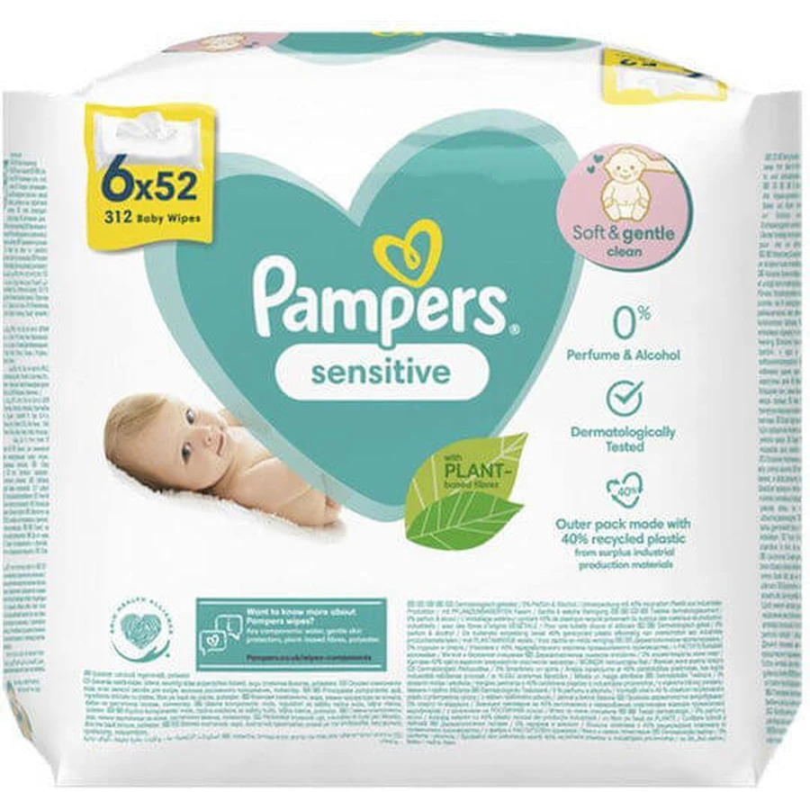 PAMPERS Sensitive babydoekjes zonder alcohol en parabenen (6 pakken van 52 stuks) 312 stuks