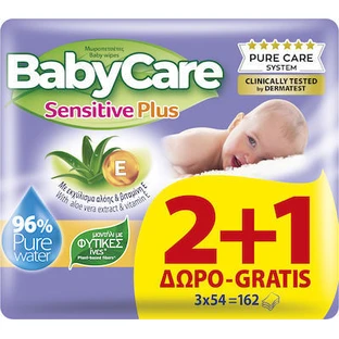 BABYCARE Sensitive Plus babydoekjes zonder alcohol en parabenen met aloë vera (3x54) 162 stuks