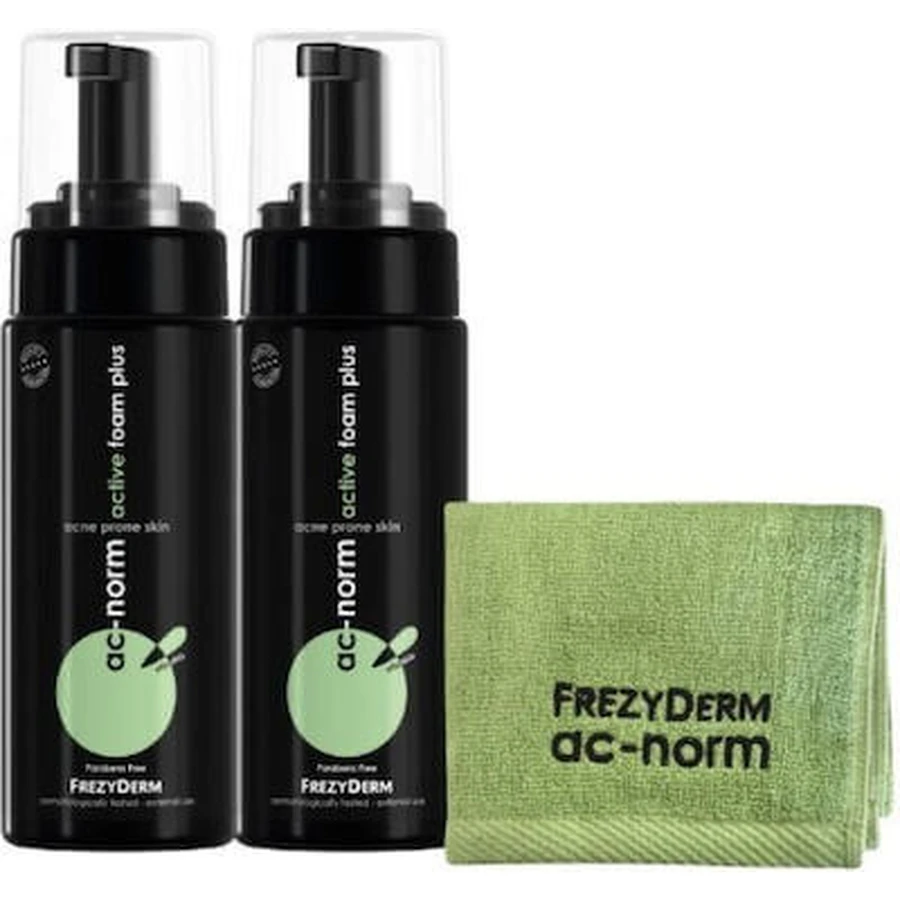 FREZYDERM AC Norm Active Foam Plus Mousse nettoyante pour la peau acnéique 2x150ml GRATUIT Serviette antibactérienne pour le visage Vert