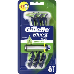 GILLETTE Blue 3 Plus Sensitive Disposable Body Shavers with 3 blades & Lubricating Tape For Sensitive Skin 6 pieces