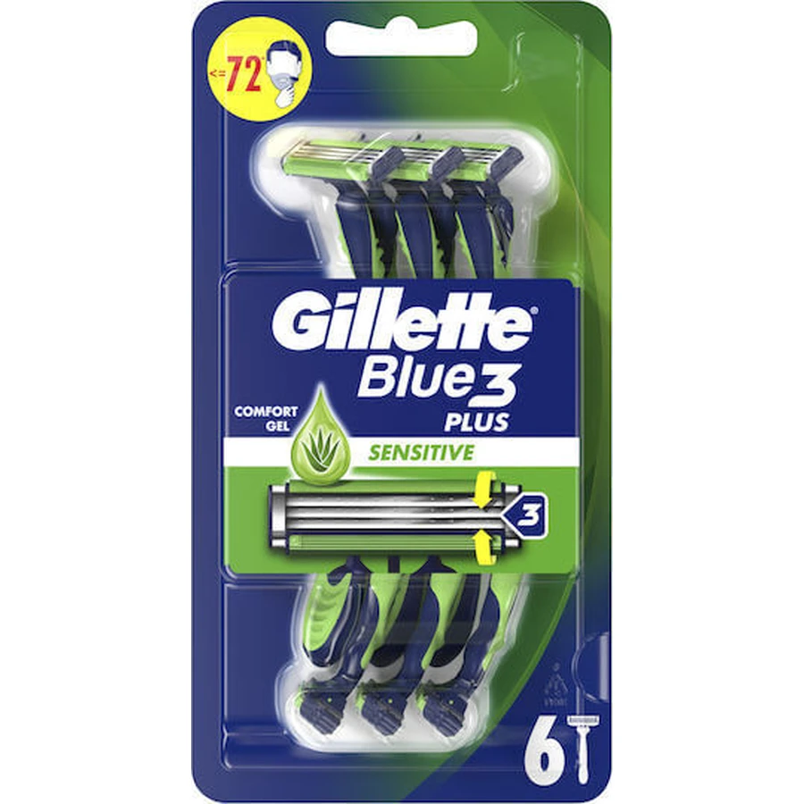 GILLETTE Blue 3 Plus Sensitive Disposable Body Shavers with 3 blades & Lubricating Tape For Sensitive Skin 6 pieces