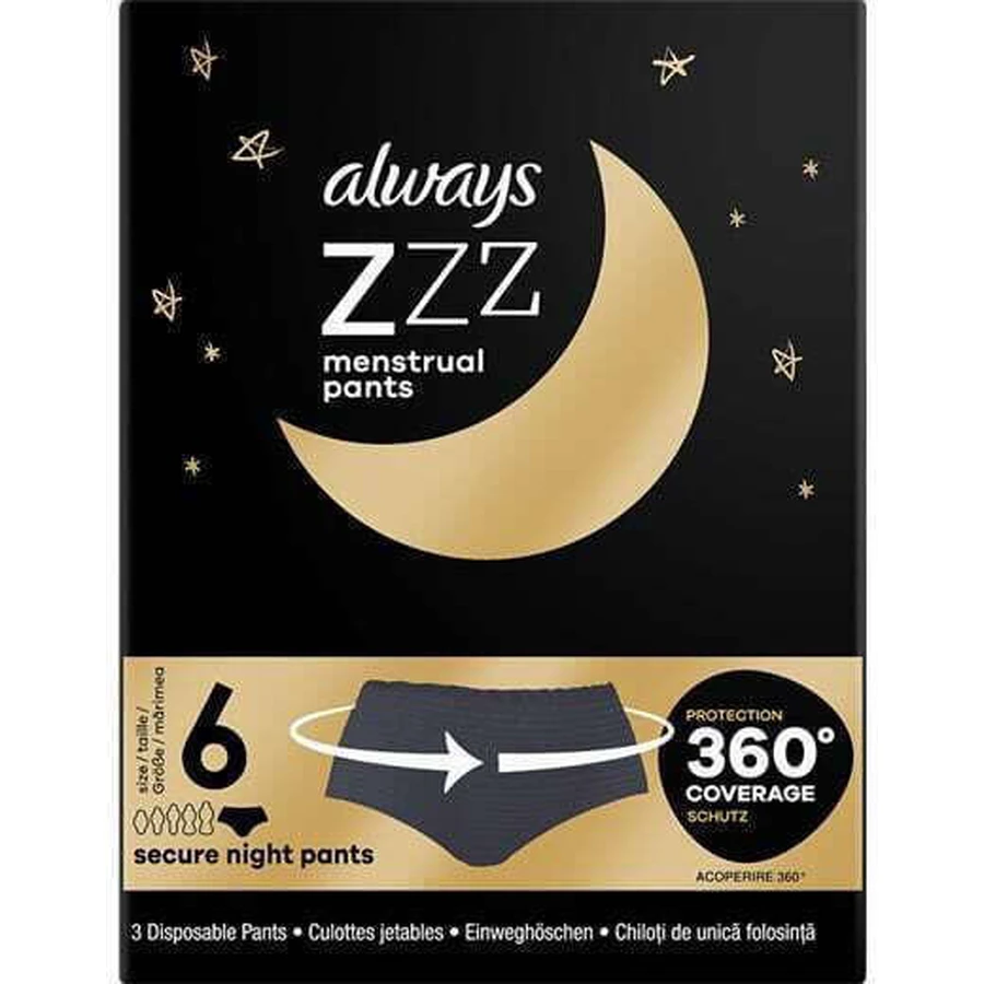 ALWAYS Zzz Menstrual No.6 Secure Night Pants Small Medium Menstrual Night Underwear 3 Pieces