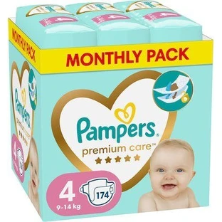 PAMPERS Premium Care Pack Mensual No 4 Pañales con Pegatina (9-14 kg) 174 Piezas