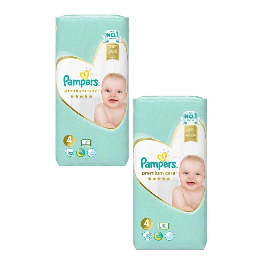 PAMPERS Baby Diapers Premium Care No.4 9-14Kgr 104 Pieces ( 2 Packs of 52 Pieces )