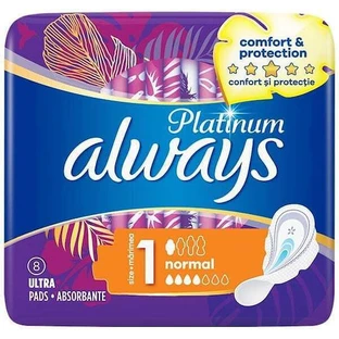ALWAYS Platinum Comfort & Protection Ultra Normal Plus Pads with Wings for Normal Flow Size 1, 8 pieces