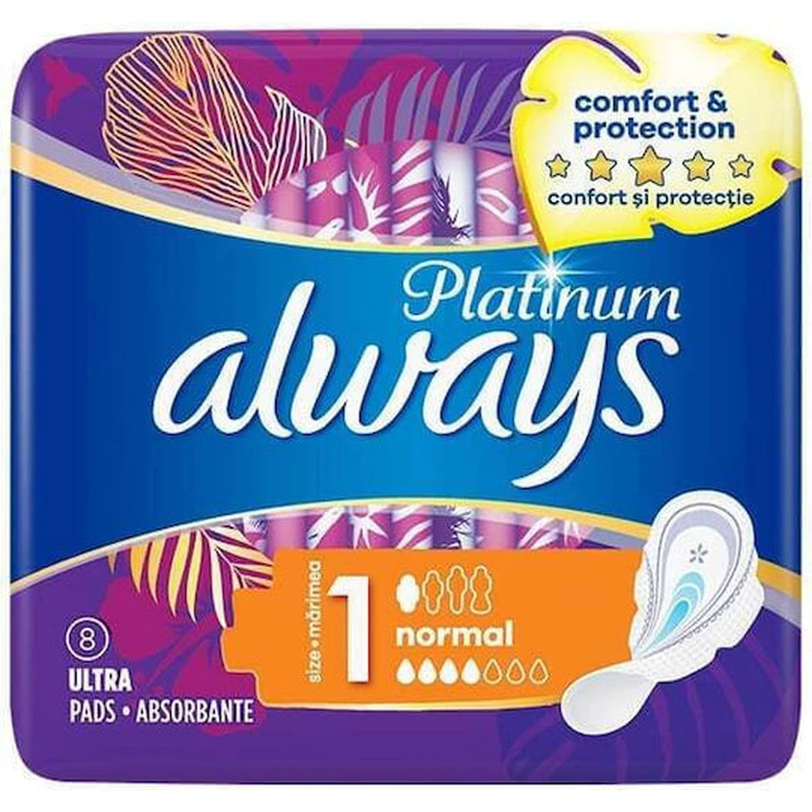 ALWAYS Platinum Comfort & Protection Ultra Normal Plus Pads with Wings for Normal Flow Size 1, 8 pieces