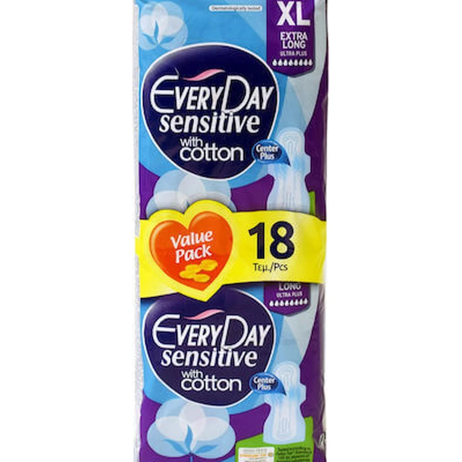 EVERYDAY Sensitive Ultra Plus with Cotton Extra Long (Value Pack) Sanitary Napkins with Protection Wings for Very Long Flow 18 Pieces