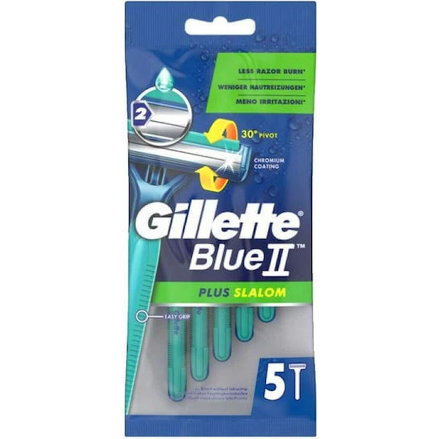 GILLETTE Blue II Slalom Plus Disposable Razor Blades with 2 Blades & Lubricating Tape 5 pieces
