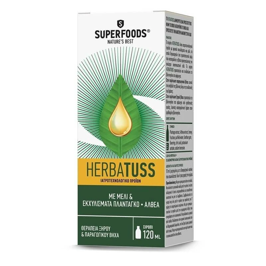 SUPERFOODS Herbatuss Trattamento per la tosse secca e produttiva con estratti di miele e piantaggine - Sciroppo d'altea per adulti 120ml