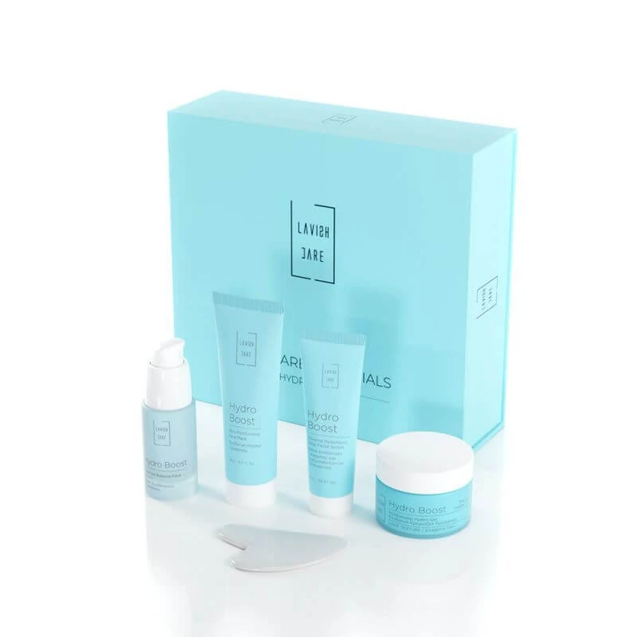 LAVISH CARE Masque hydratant pour le visage 75ml - Scrub Blonde Exfoliation rajeunissante pour le visage avec Hyaluronic 50ml - Gel crème hydratant à texture légère 50ml - Sérum hydratant pour le visage 30ml - Gua Sha GRATUIT