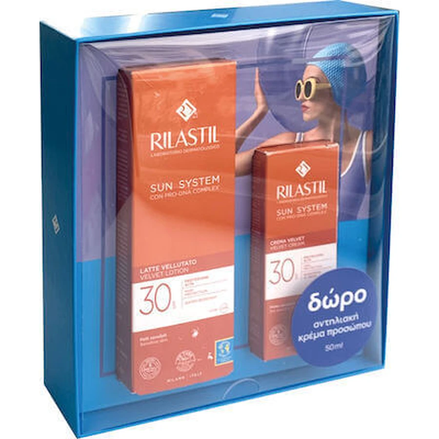 RILASTIL Sun System Crème solaire corps velours SPF30+, 200ml & Crème solaire visage velours SPF30+, 50ml