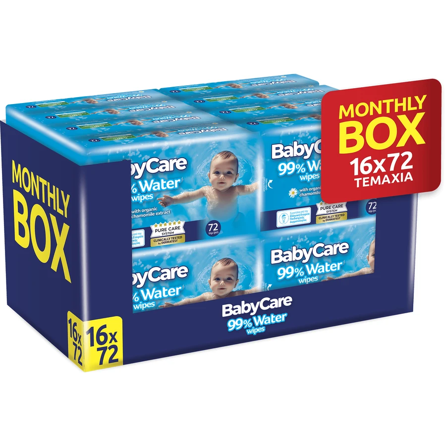 BABYCARE Baby Wipes 99% Water (16 Packs of 72 pieces) 1152 Pieces