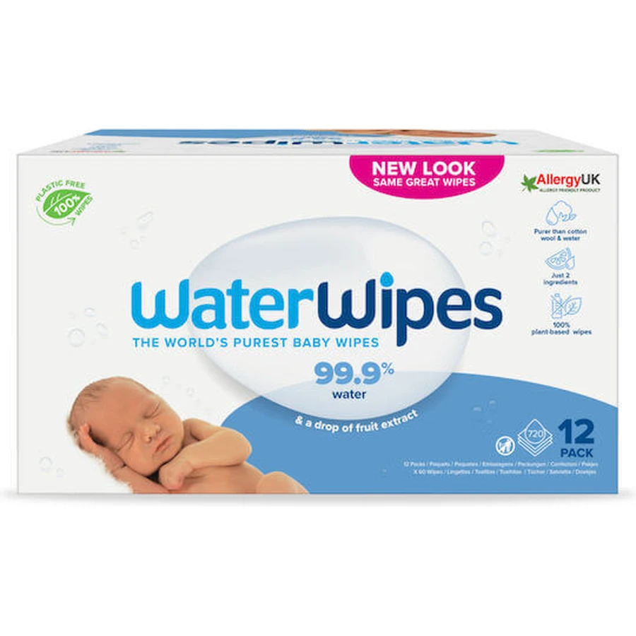 WATERWIPES Wipes with 99.9% Water, Alcohol & Parabens free (12 Packs of 60 pieces) 720 Pieces