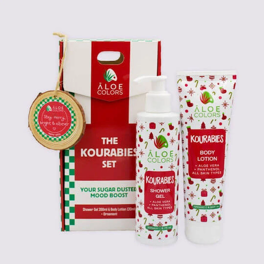 ALOE COLORS Promo Xmas De Kourabies Set Kourabies Douchegel Lichaamsdouche 200ml & Body Lotion Hydraterende Body Milk 120ml & Kerst Ornament Cadeau