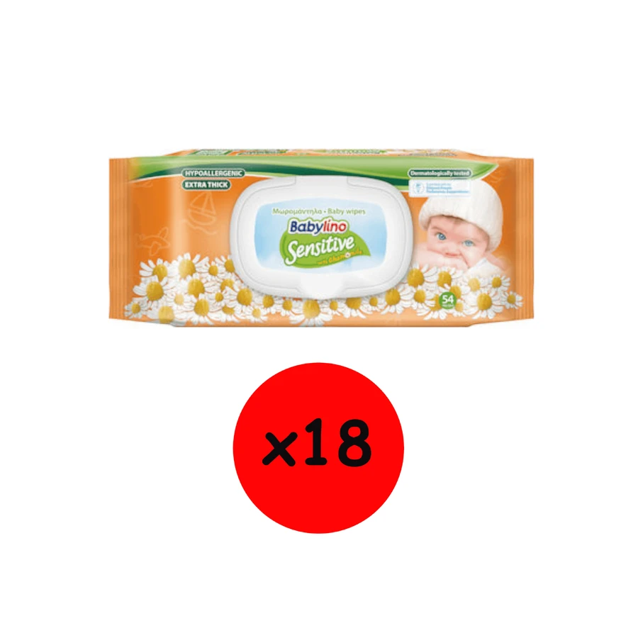 BABYLINO Sensitive Hypoallergenic Toallitas Hipoalergénicas sin Alcohol ni Parabenos con Camomila 972 Piezas (18 Paquetes de 54 Piezas) Caja