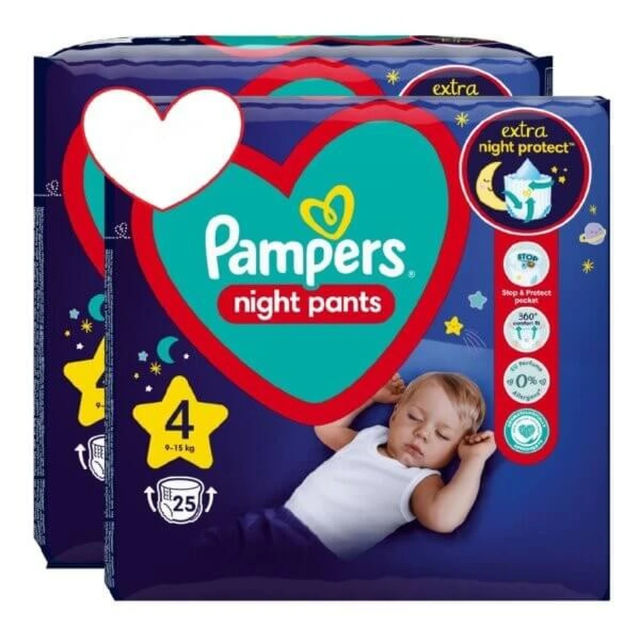 PAMPERS Nachtbroekjes Baby Nachtbroekjes Nr.4 9-15Kg 50 Stuks (2 Verpakkingen van 25 Stuks)