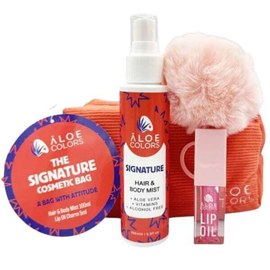 ALOE+COLORS Promo The Signature Cosmetic Bag Bruma para el cabello y el cuerpo 100ml, Aceite de manos Charm, 5ml & Bolsa para el cuerpo