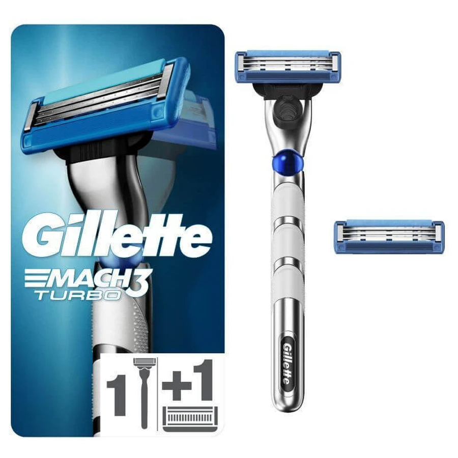 GILLETTE Mach3 Turbo 3D-Rasierer mit 3 Klingenersatzköpfen & Schmierband Champions League 2 Stück