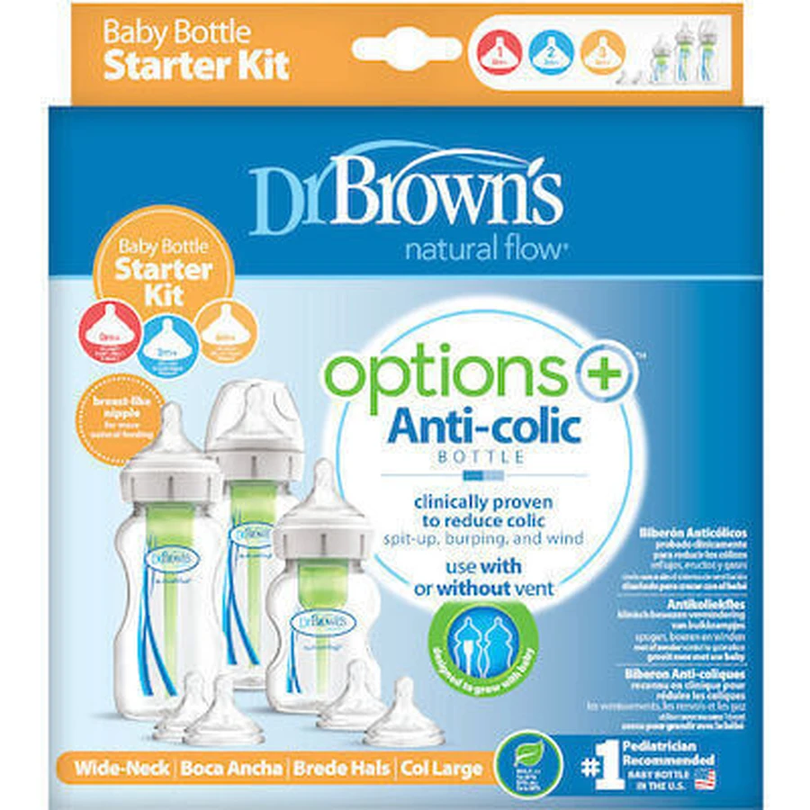 DR BROWN'S Set de 3 Biberones de Plástico Opciones+ Anticólicos con Tetina de Silicona Para 0+ Meses 2x270ml & 1x150ml WB 03606