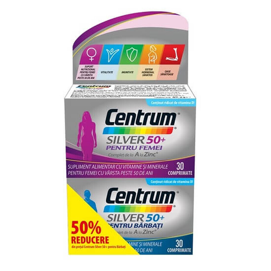 Comprar Centrum Silver 50+ para hombre + Centrum Silver 50+ para mujer, 30 + 30 comprimidos, Gsk Centrum Silver 50+ para hombre + Centrum Silver 50+ para mujer, 30 + 30 comprimidos, Gsk