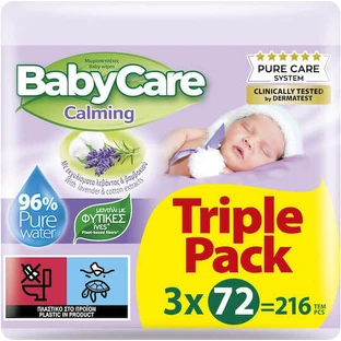 BABYCARE Calming Pure Water Lavender Baby Wipes Triple Pack Soothing Baby Wipes (3 Paquetes de 72 Piezas) 216 Piezas