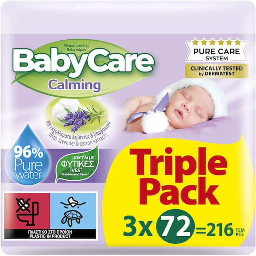 BABYCARE Calming Pure Water Lavender Baby Wipes Triple Pack Soothing Baby Wipes (3 Paquetes de 72 Piezas) 216 Piezas