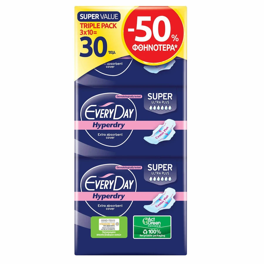 EVERYDAY Hyperdry Super Ultra Plus Triple Pack Alas para Mayor Flujo 6 Gotas 30 Piezas