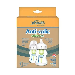 DR BROWN'S Options+ Biberon en verre anti-colique avec col large et tétine en silicone, 2x150ml