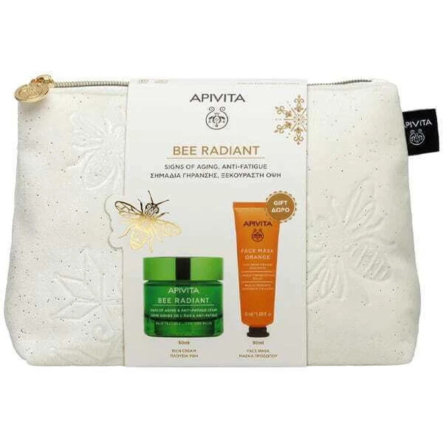 APIVITA Promo Abeja Radiante con Crema Antiedad Textura Rica, 50ml & Regalo Mascarilla Facial Naranja con Brillo, 50ml & Caja de Agua