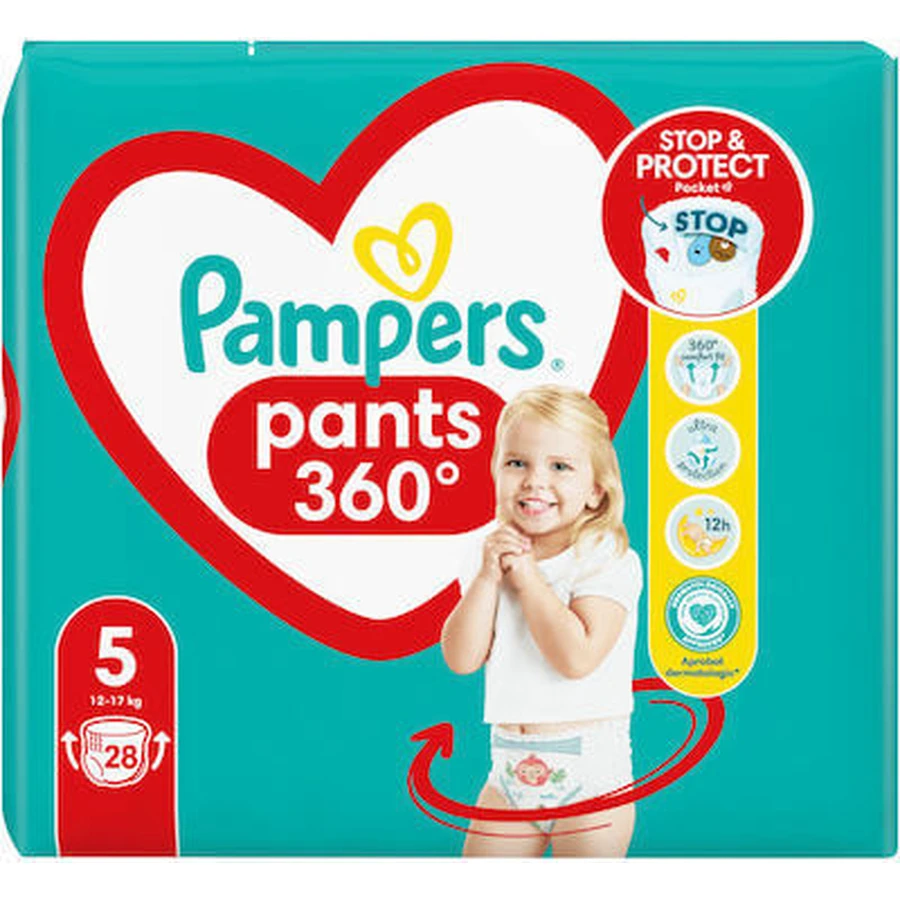 PAMPERS Broekjes 360° Baby Luiers-Bandje No5 (12kg-17kg) 28 Stuks
