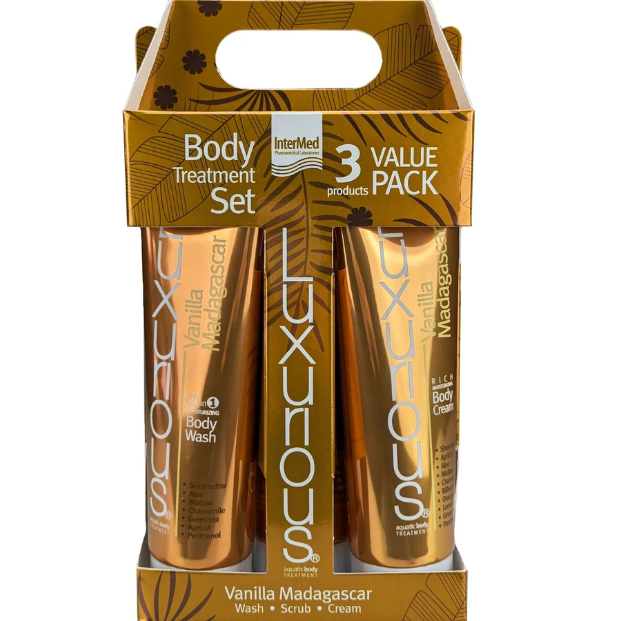 LUXURIOUS Promo Vanilla Madagascar 2in1 Body Wash 280ml & Natural Exfoliating Body Scrub & Rich Moisturizing Body Cream 280ml